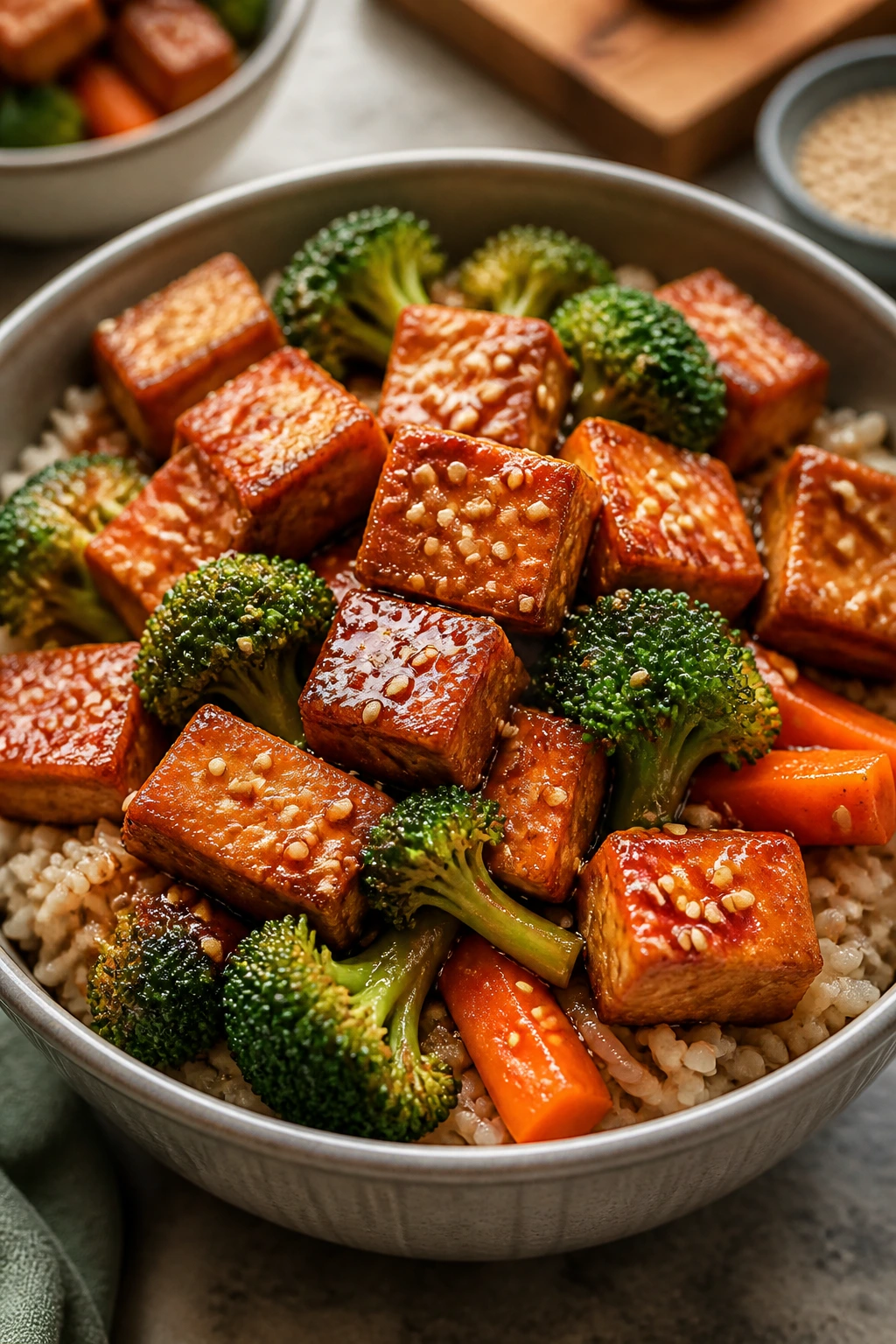 Close-up of teriyaki-glazed tofu over rice with broccoli and carrot in a home kitchen