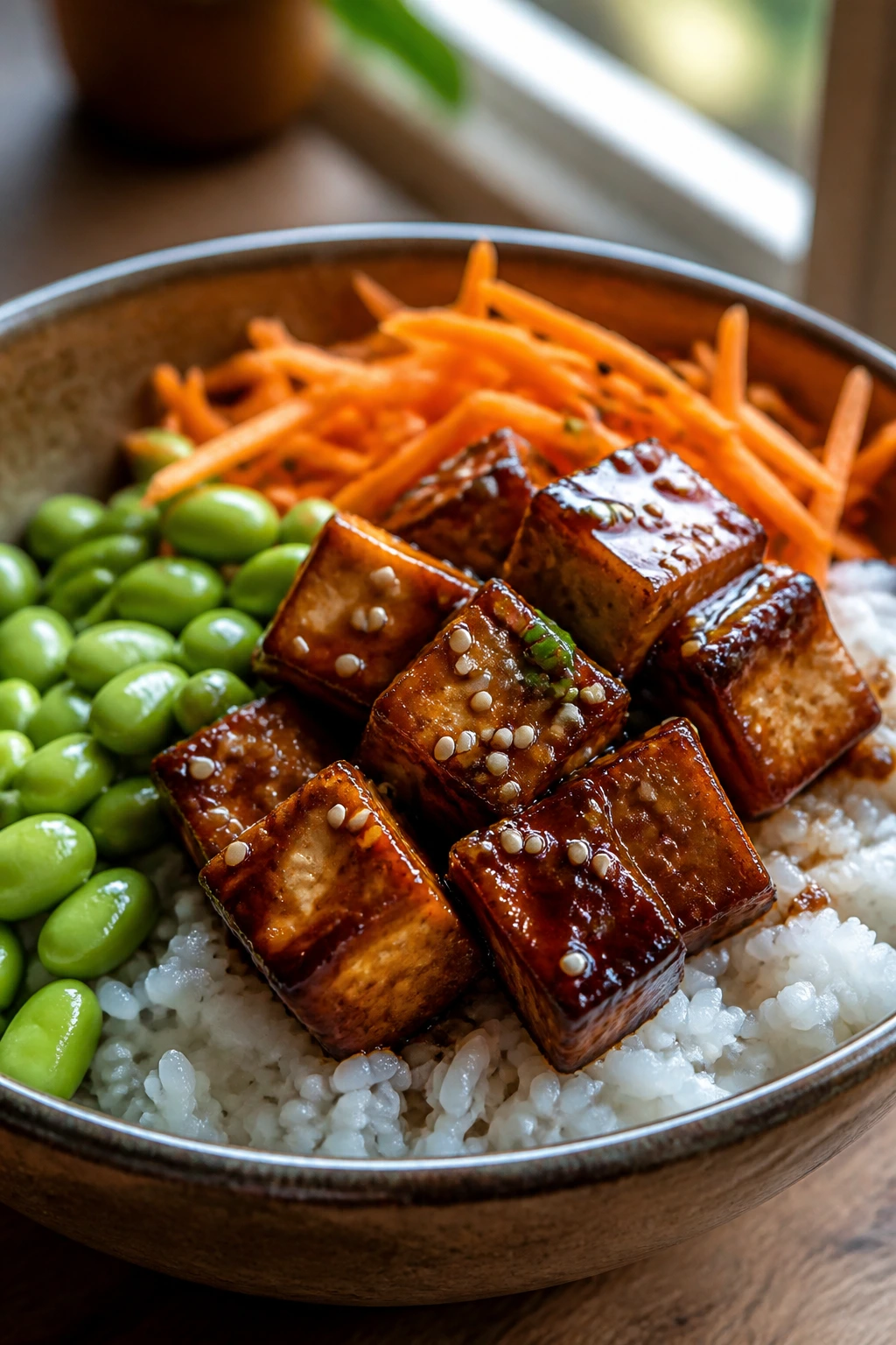 Close-up of teriyaki tofu rice bowl with vegetables in a cozy kitchen.
