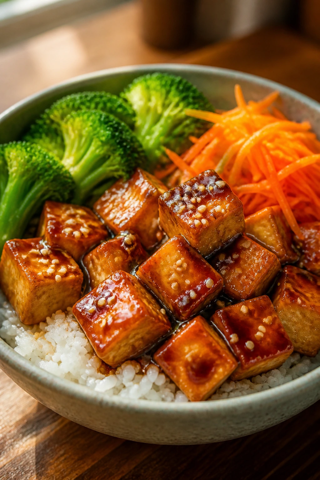 Close-up of teriyaki tofu rice bowls with glazed tofu, broccoli and carrots.