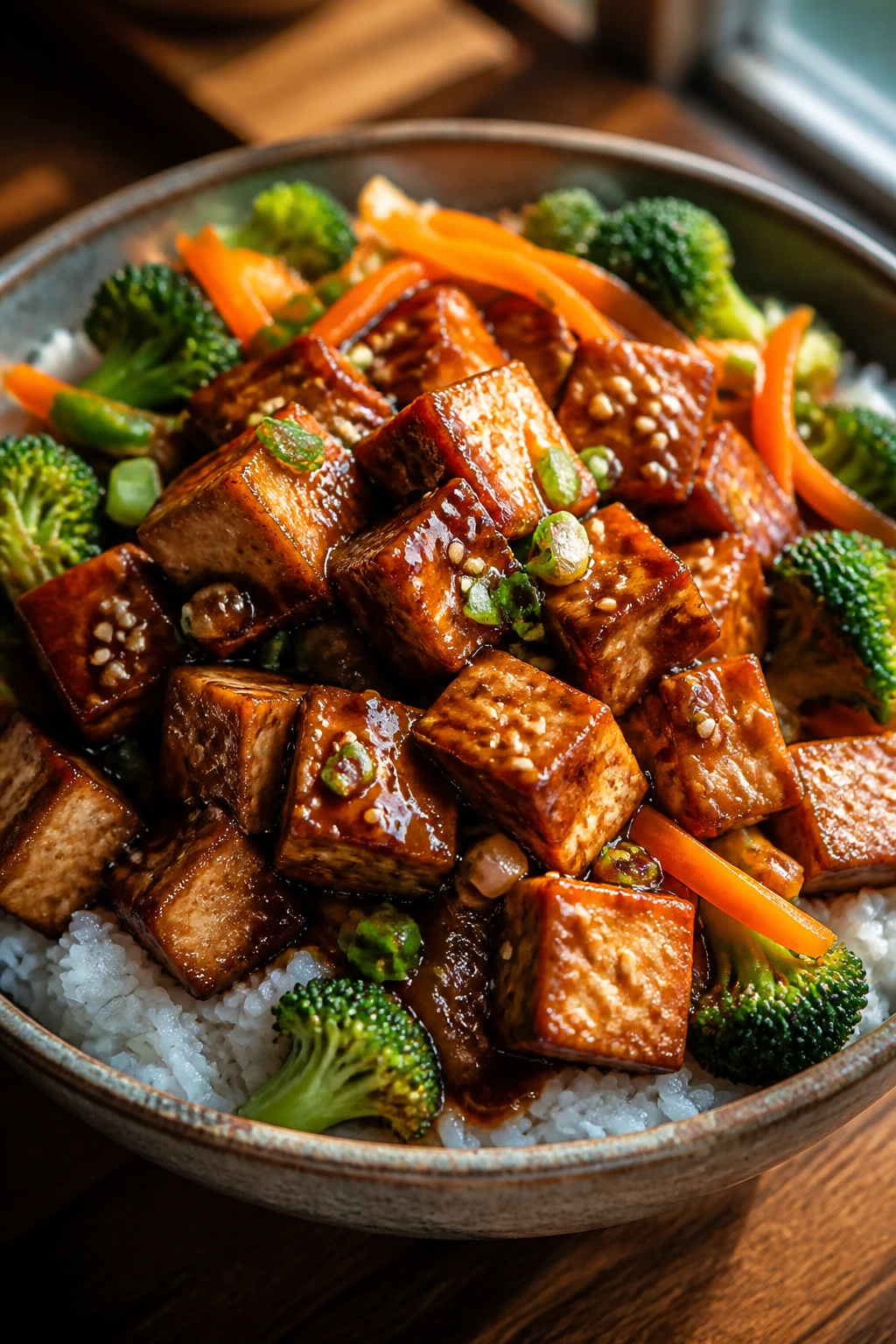 Close-up of teriyaki tofu rice bowl with broccoli and carrot