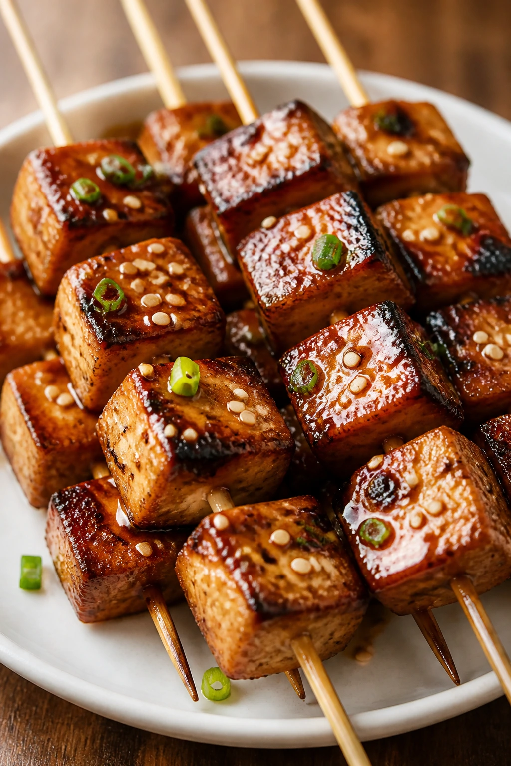 Close-up of Teriyaki Tofu Skewers with caramelized glaze