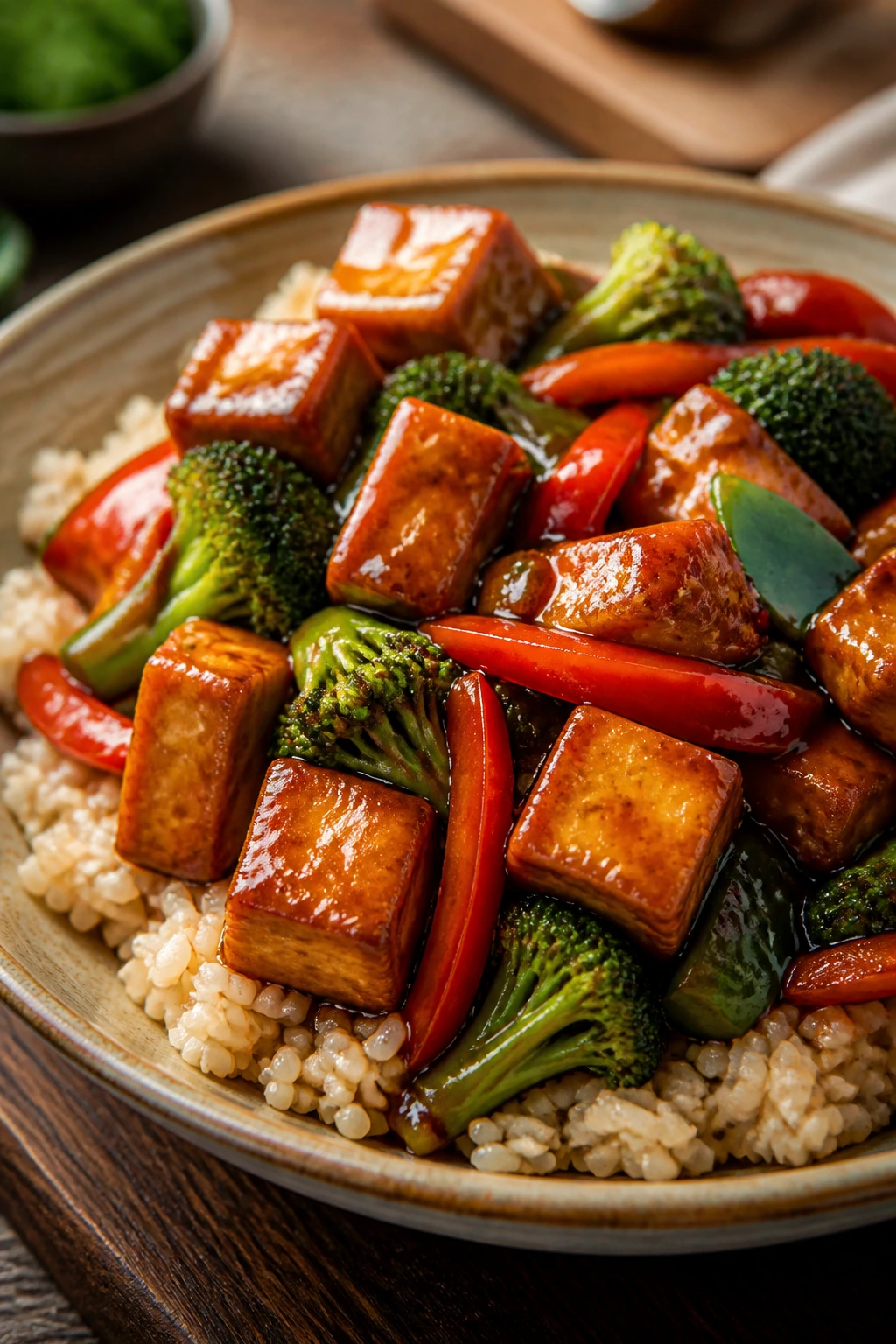 Tofu stir-fry with broccoli and peppers over rice in a kitchen