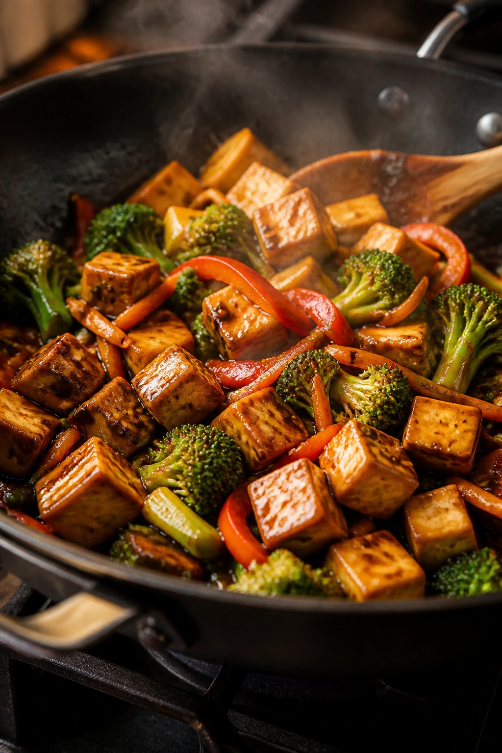 Close-up of teriyaki tofu stir-fry with glossy sauce and colorful vegetables.