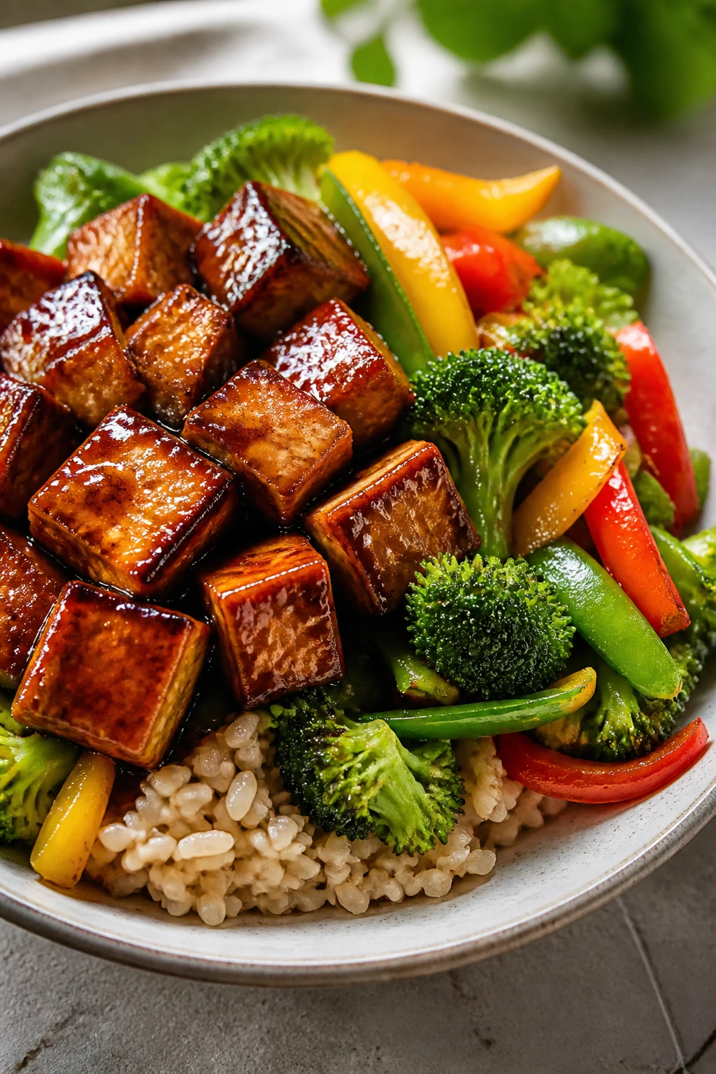 Close-up of teriyaki tofu and vegetables over rice in a bowl