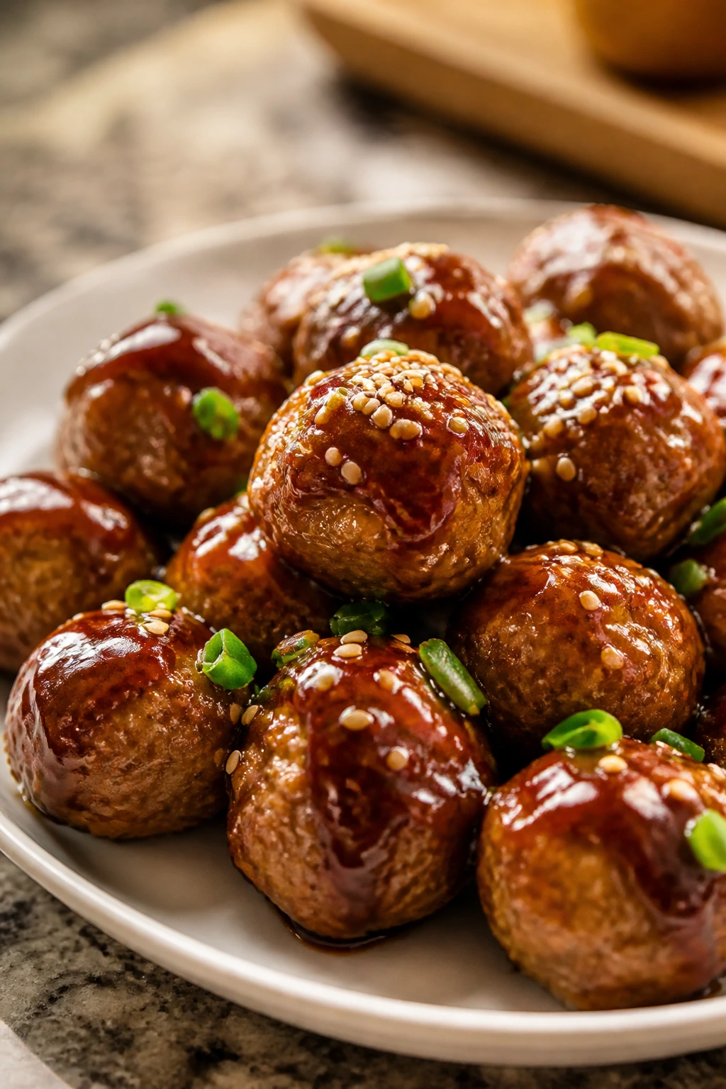Glossy teriyaki turkey meatballs with shiny glaze on a plate.