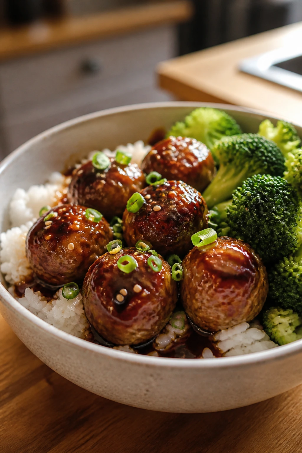 Close-up of teriyaki turkey meatballs over rice with broccoli in a bowl