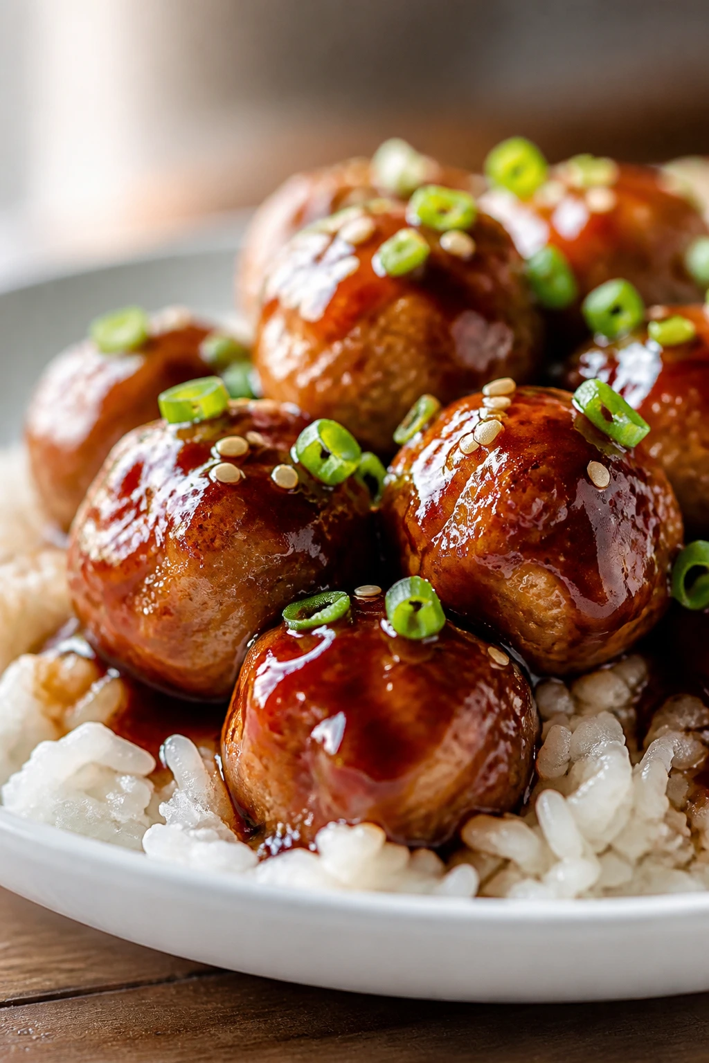 Glazed teriyaki turkey meatballs over rice on a plate