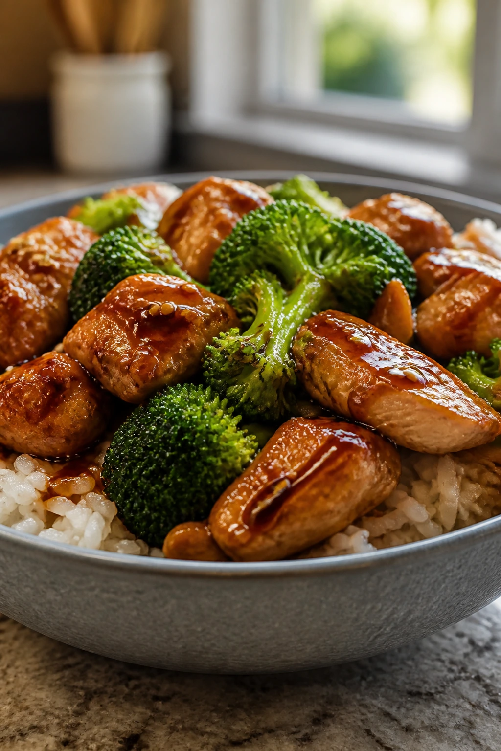 Close-up of teriyaki turkey rice bowl with broccoli