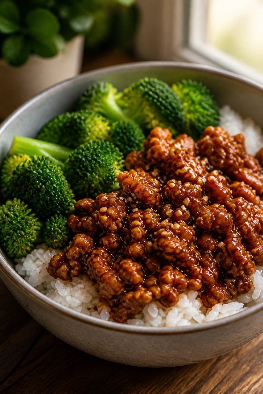 Teriyaki turkey rice bowl with broccoli on wooden table