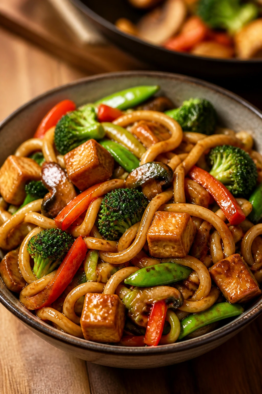Close up of Teriyaki Veggie Udon Bowl with noodles and vegetables on a wooden counter