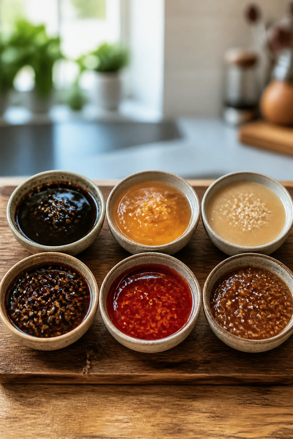 Six bowls with varied teriyaki glazes on a wooden board