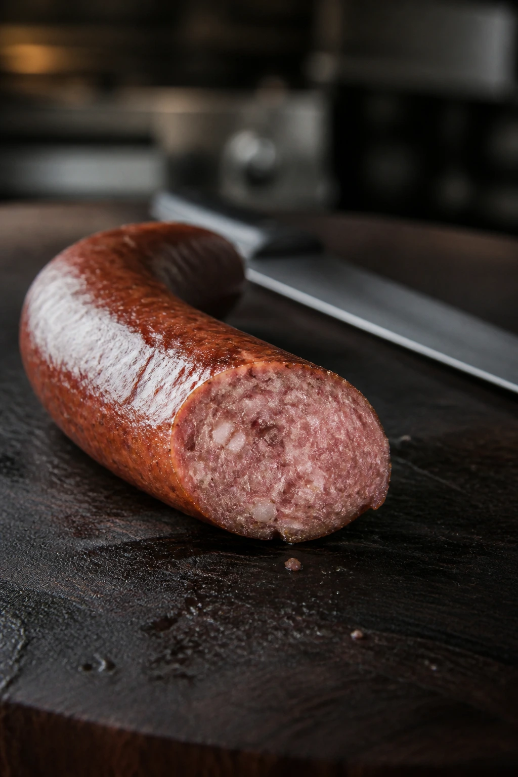 Close-up of a single test sausage link on a cutting board.