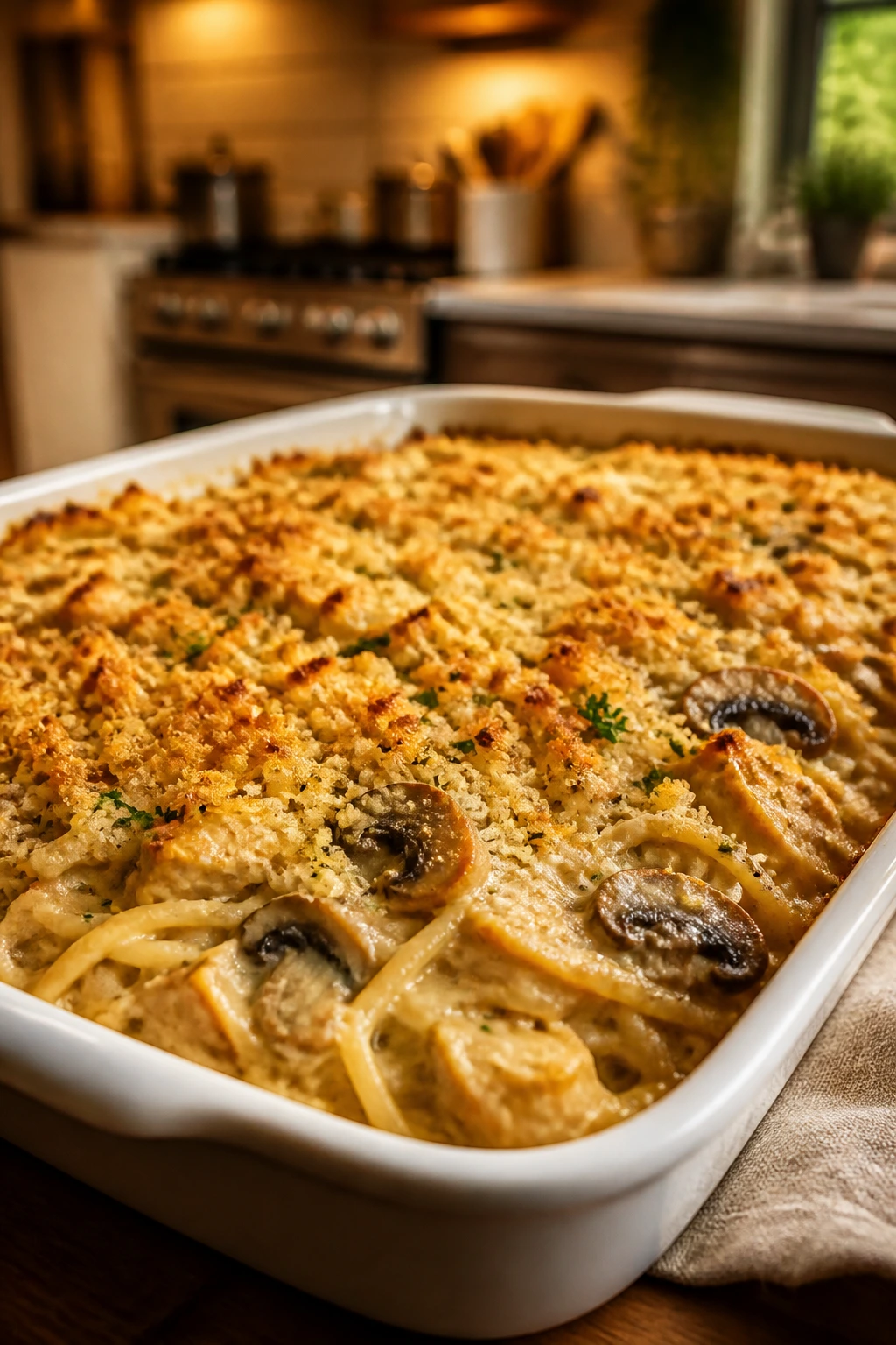 Casserole dish of tetrazzini fresh from the oven in a home kitchen