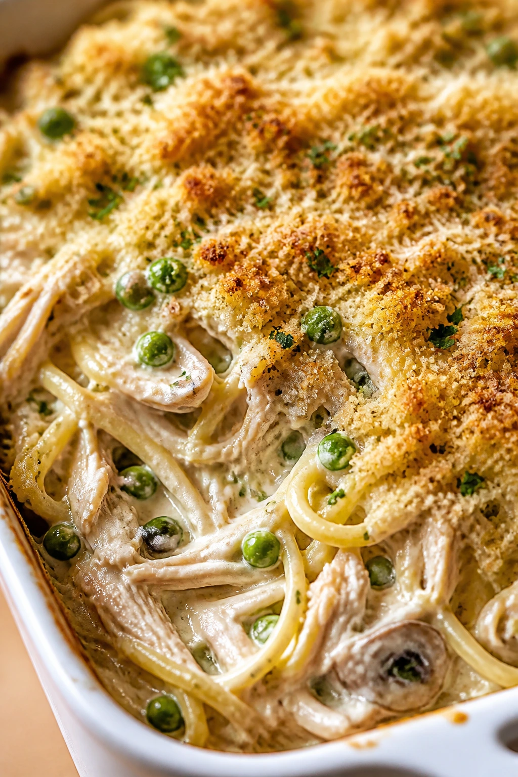 Creamy tetrazzini with chicken and peas in a baking dish