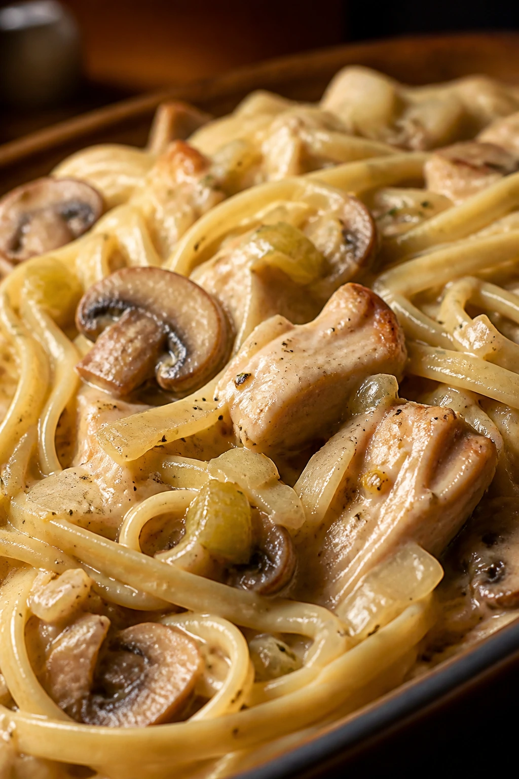 Macro close-up of tetrazzini sauce with chicken and mushrooms