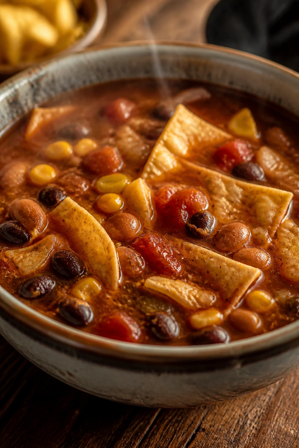 Thick Tex-Mex bean soup with torn corn tortillas in a bowl