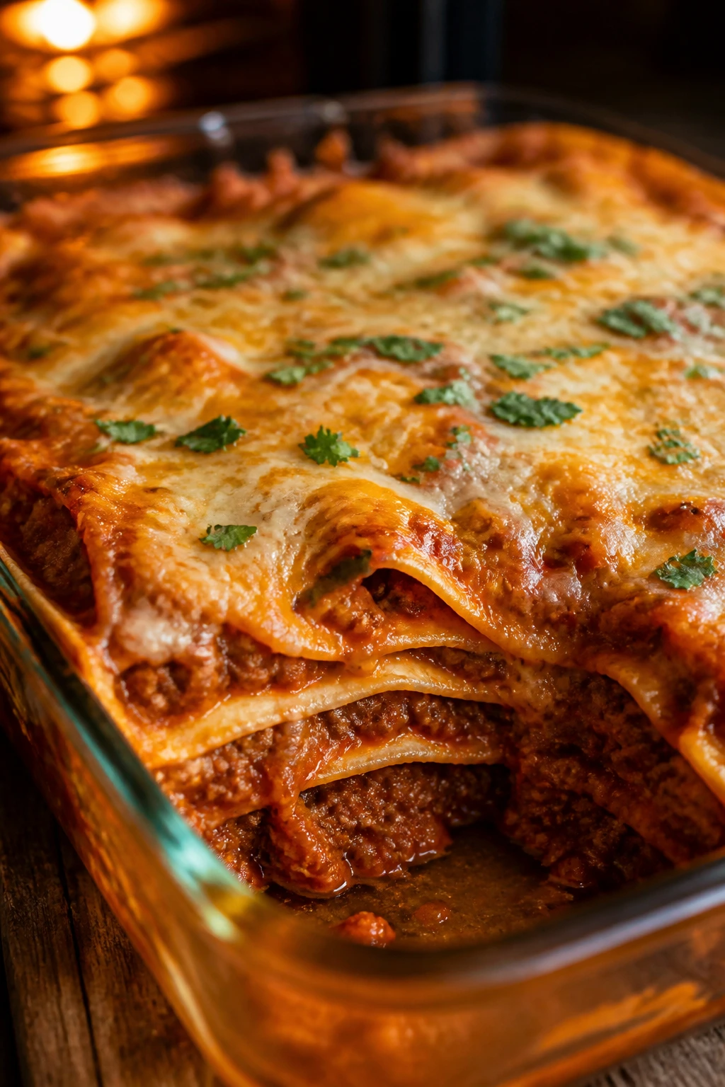 Close-up of Tex-Mex beef enchilada casserole with melted cheese in a baking dish