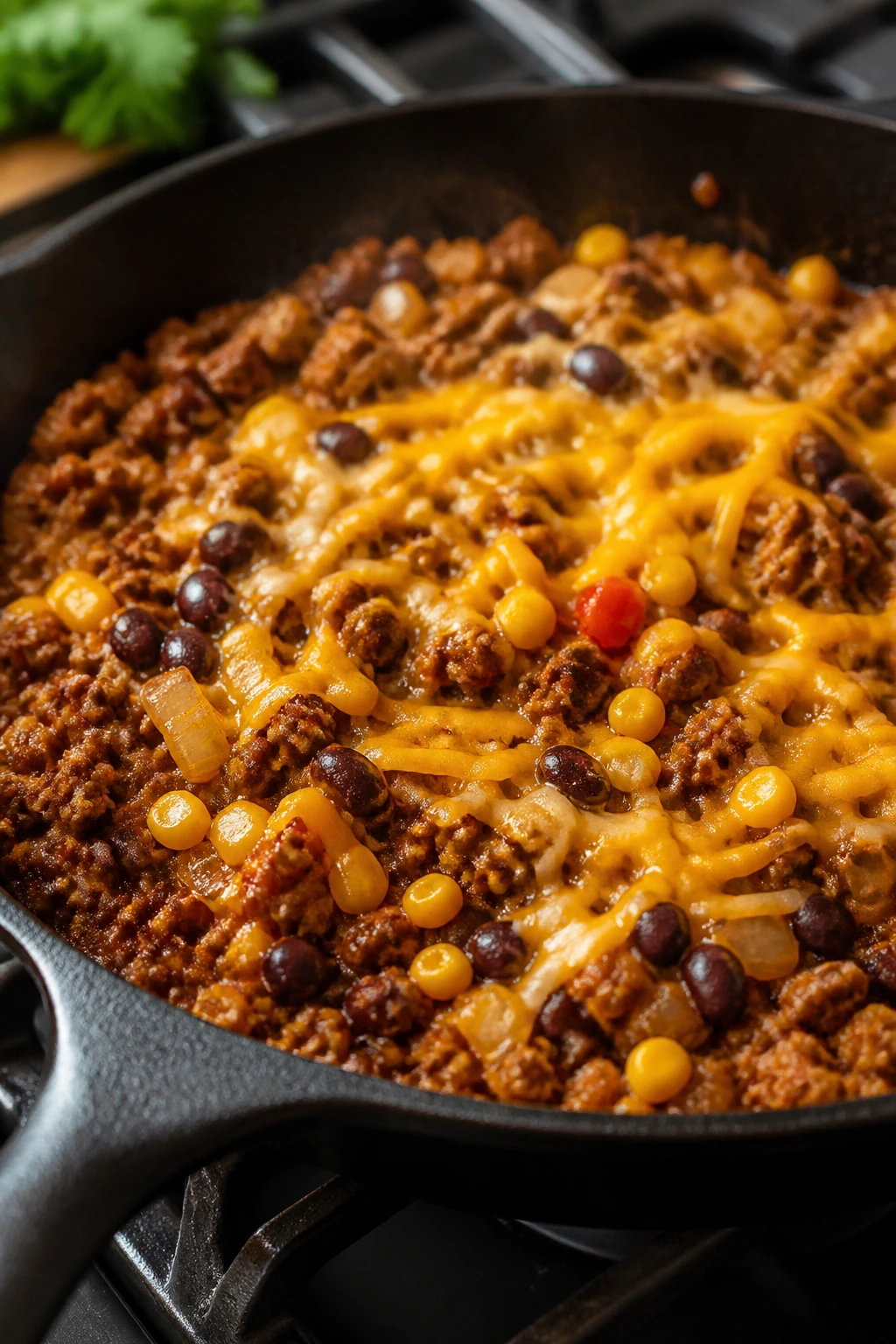 Tex-Mex seasoned beef skillet with beans corn and cheese