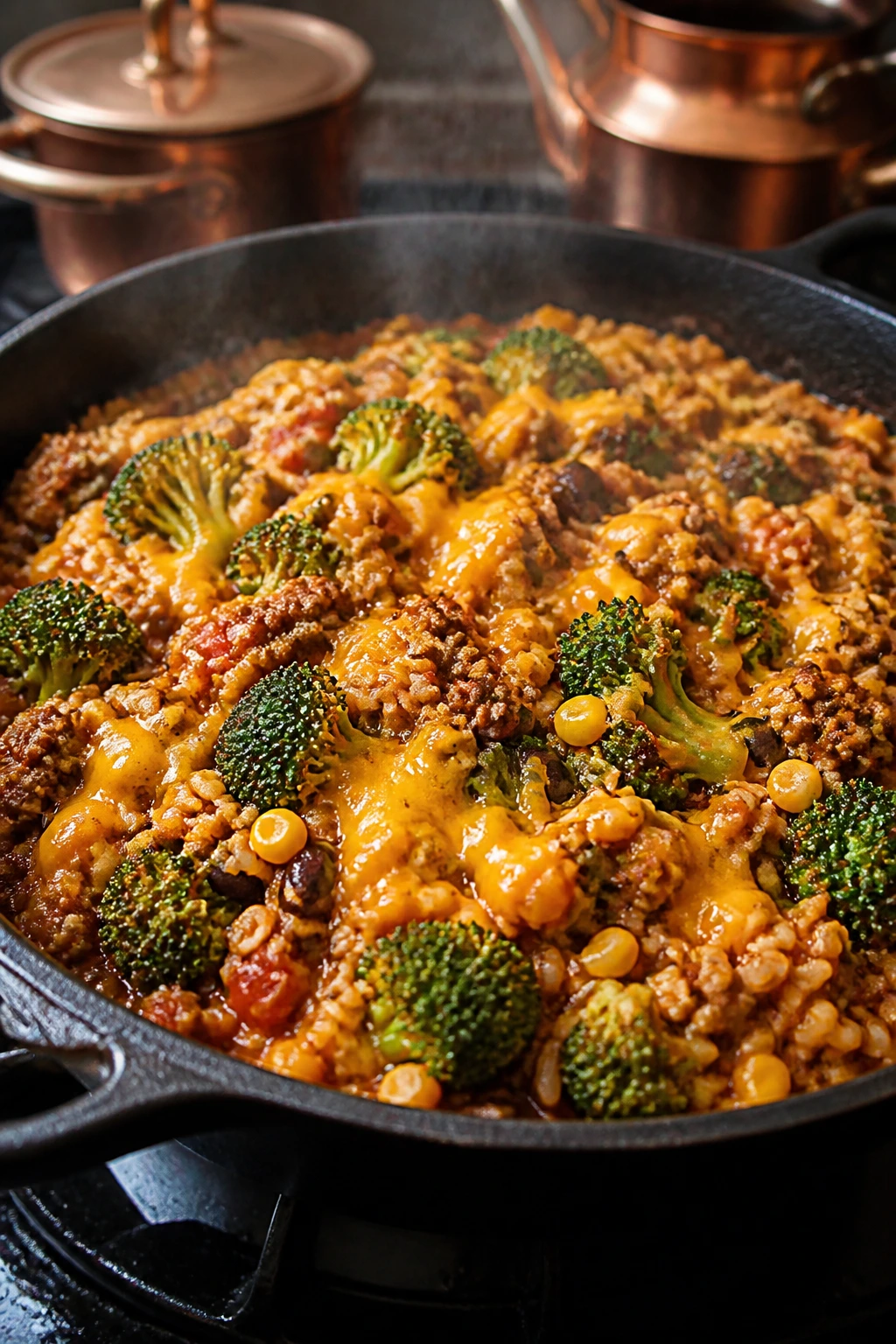Tex-Mex Beef Broccoli Rice Skillet with salsa and cheddar
