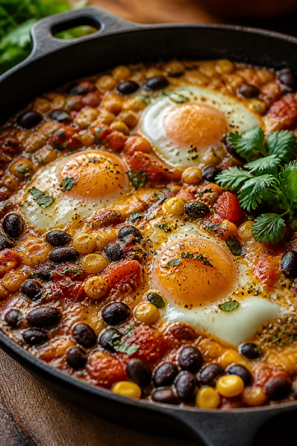 Close-up of Tex-Mex egg and bean skillet in a hot pan