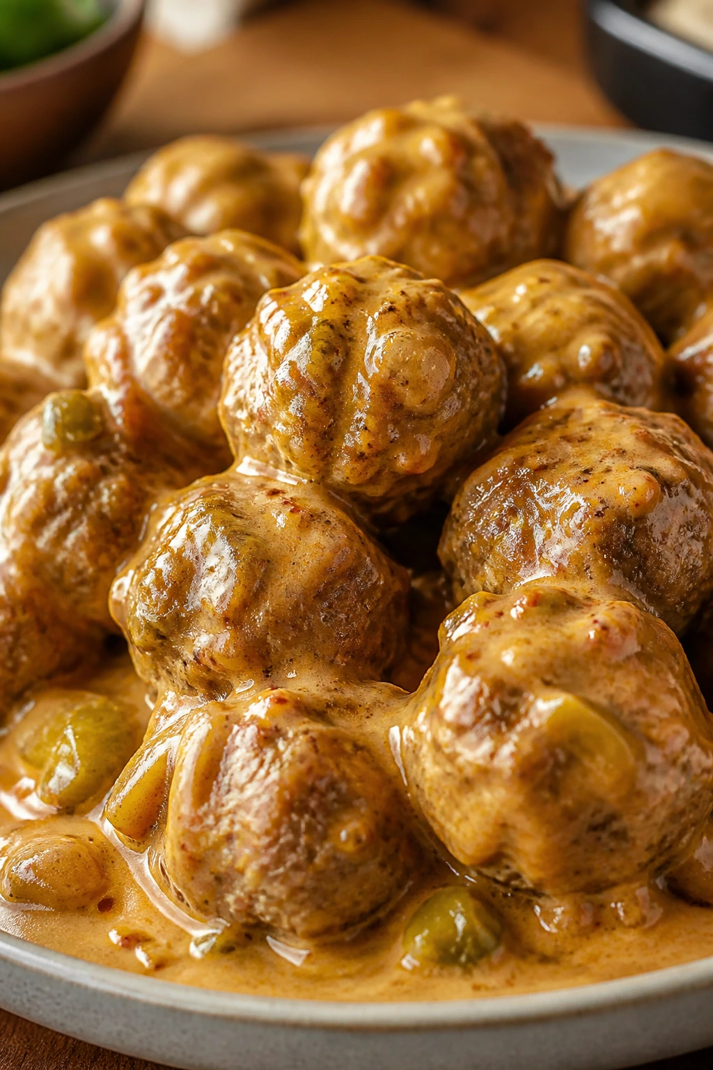 Beef meatballs covered in creamy queso sauce on a plate