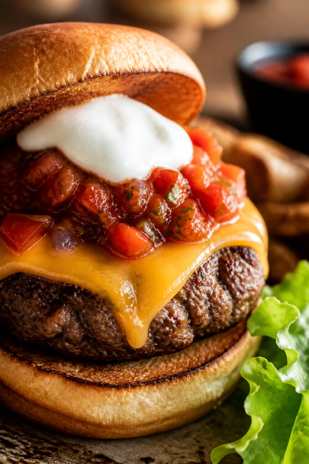 Tex-Mex taco burger with salsa and sour cream close-up