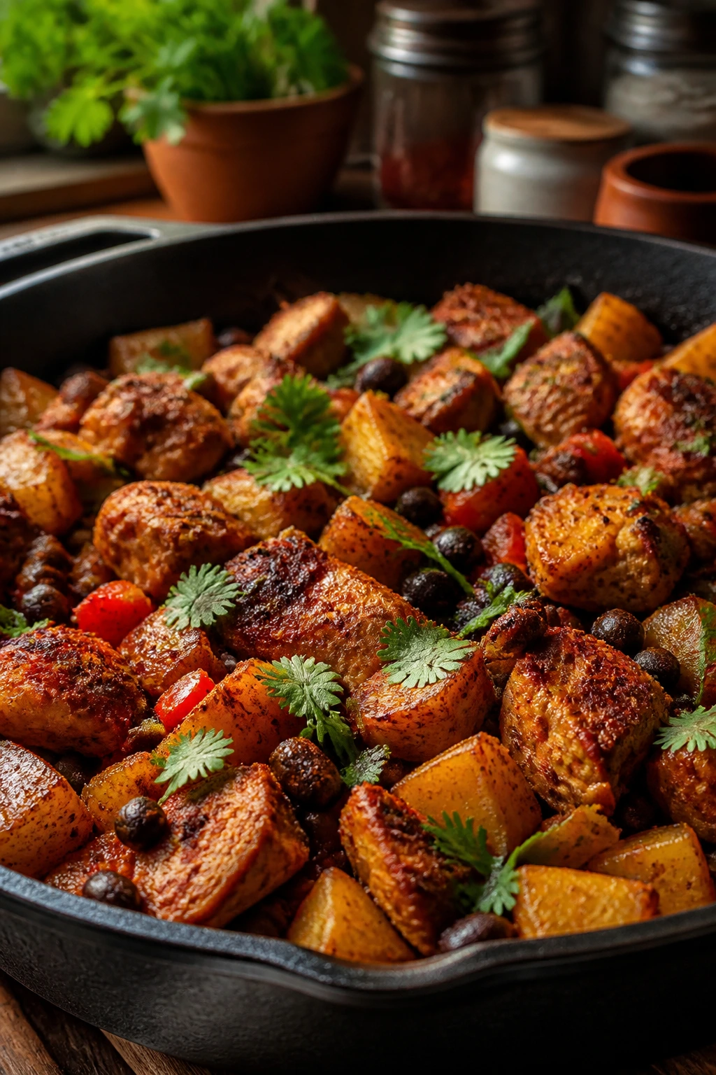 Tex-Mex turkey skillet with cilantro garnish and beans in pan