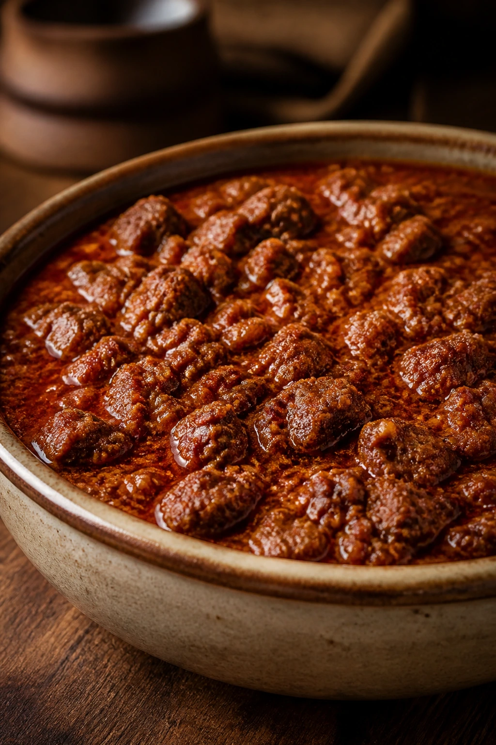 Close-up of thick Texas-style beef chili in a rustic bowl on a wooden table