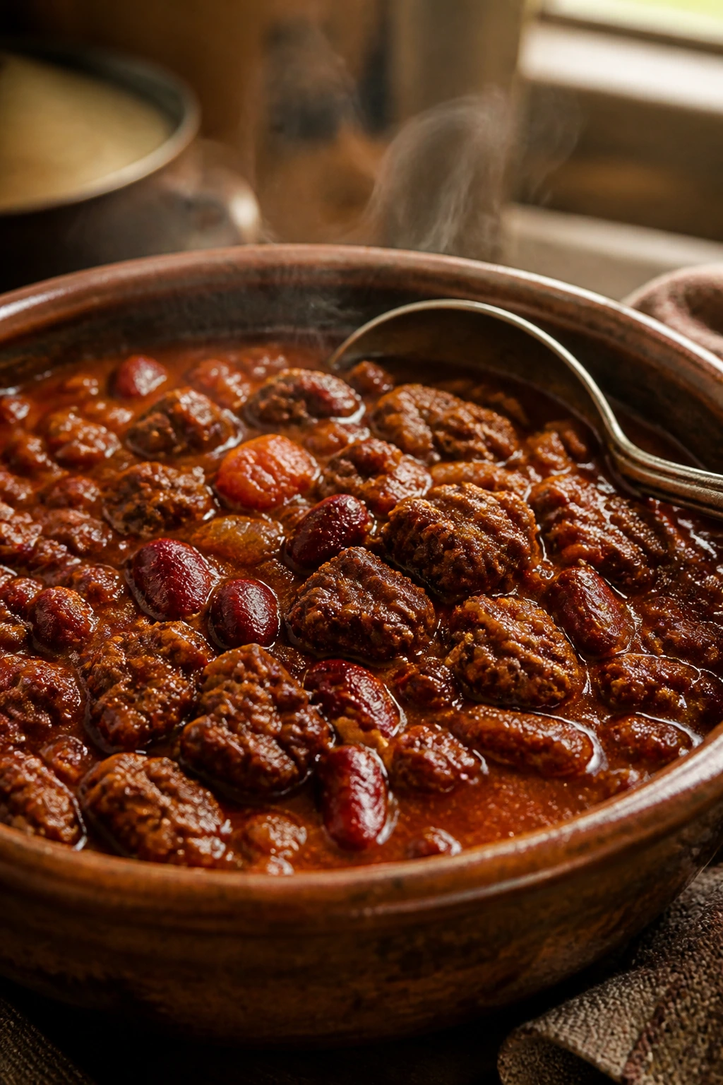 Thick Texas-style beef chili in a rustic bowl with steam