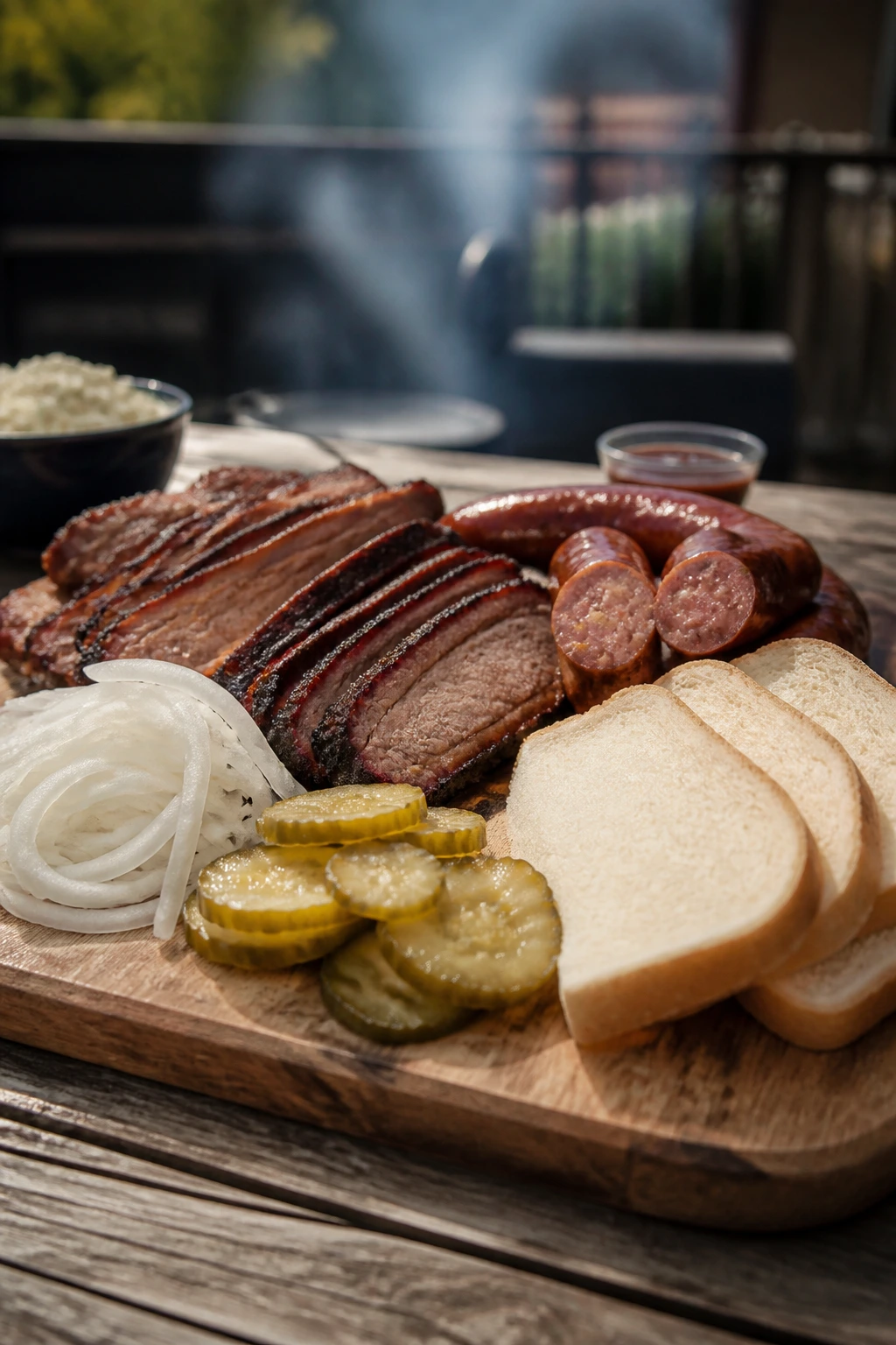 Central Texas meat-and-bread spread on a wooden board outdoors with brisket, sausage, onions, pickles, and bread