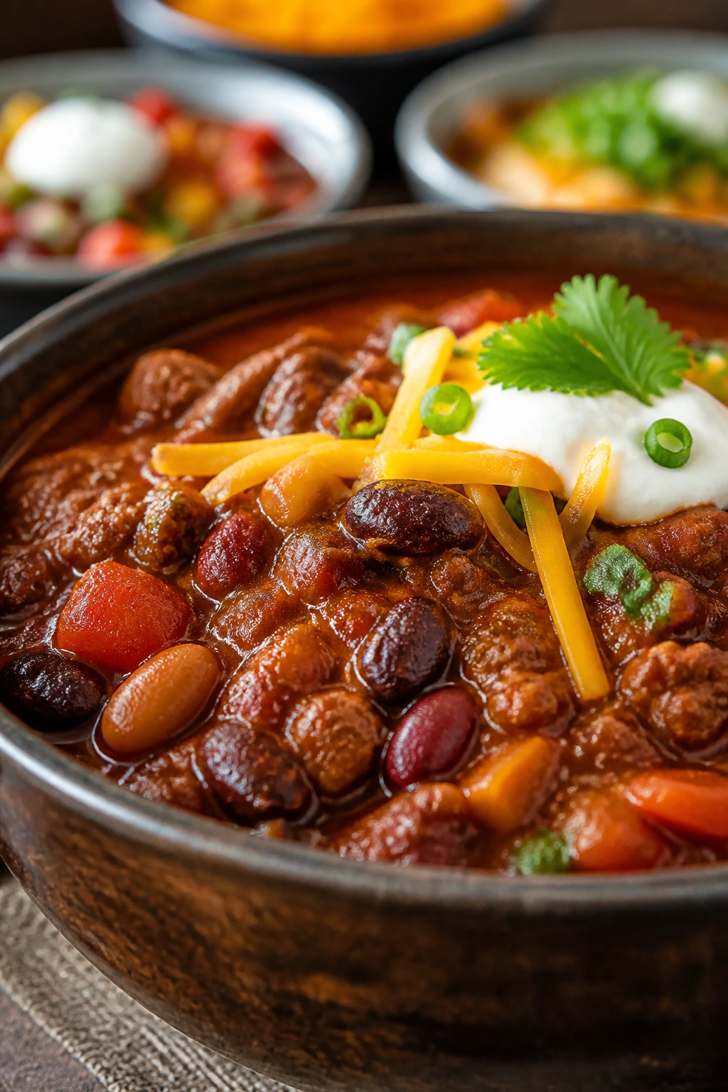 Chili bowl showing meat and beans, centered on the plate.