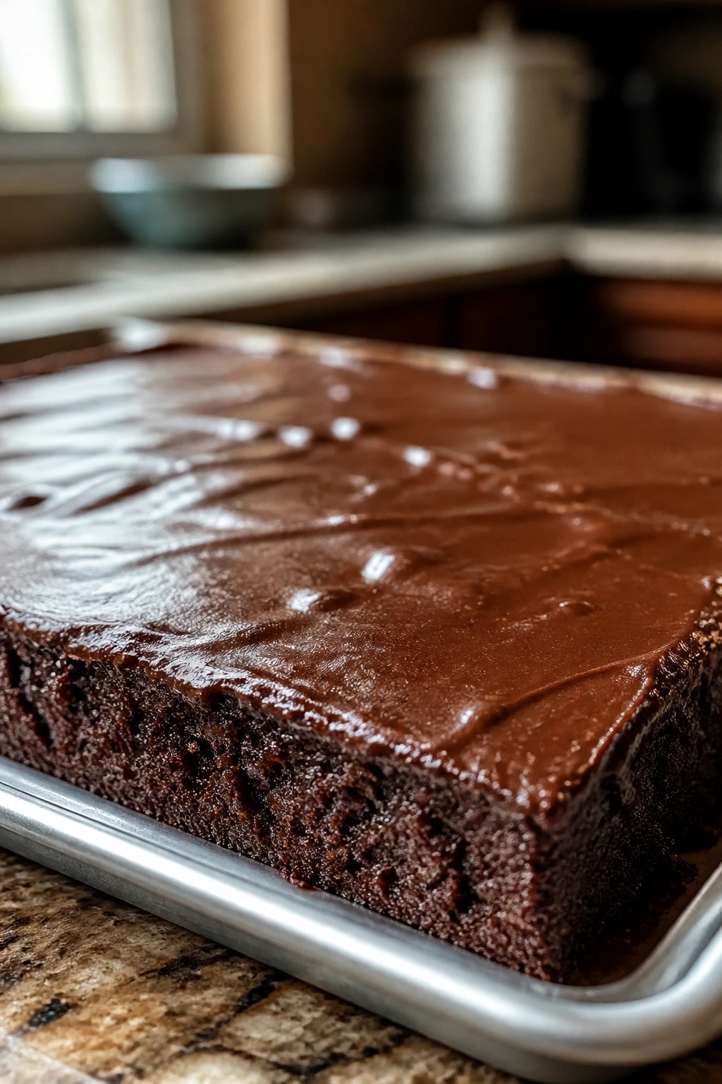 Close-up of glossy Texas sheet cake on a pan in a warm kitchen.
