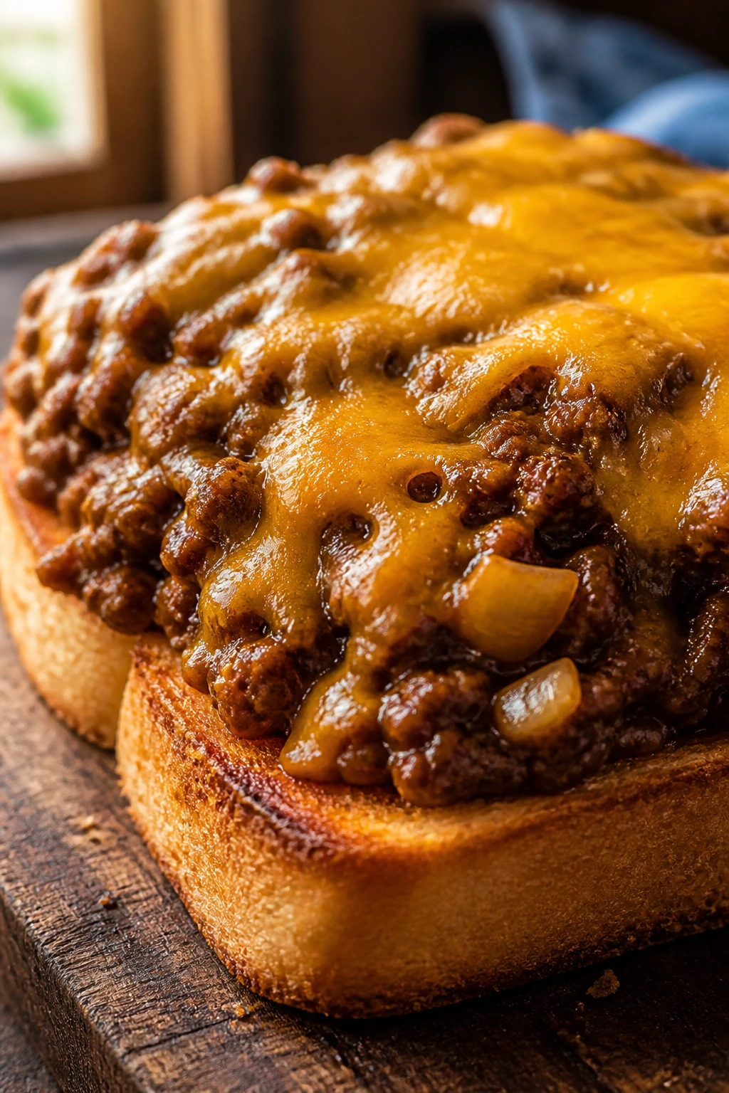 Close-up of an open-faced sloppy joe on Texas toast with saucy beef and melted cheddar