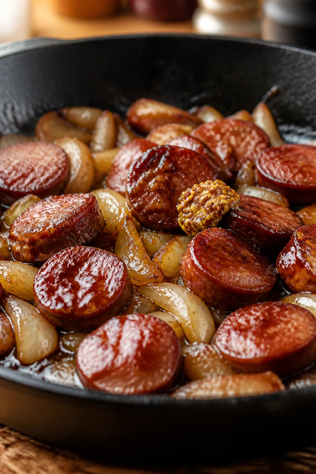 Sizzling sausage with glaze and mustard detail for texture balance