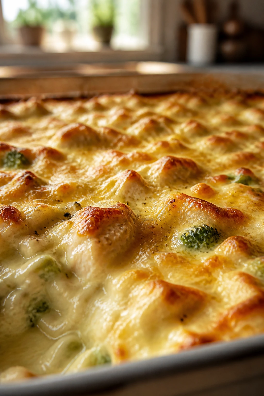 Close-up of textured casserole with melted cheese in a warm kitchen