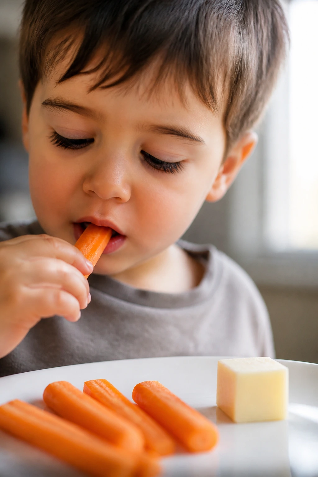 Child tasting crispy vs soft textures on a plate