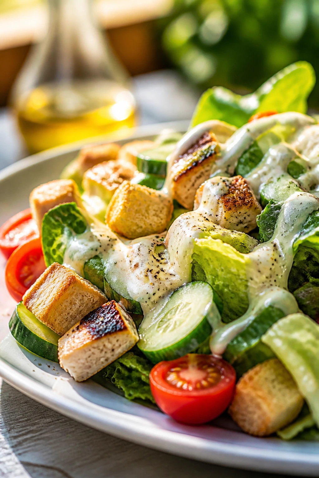 Plate showing texture contrast of crisp greens and creamy dressing on a sunny day