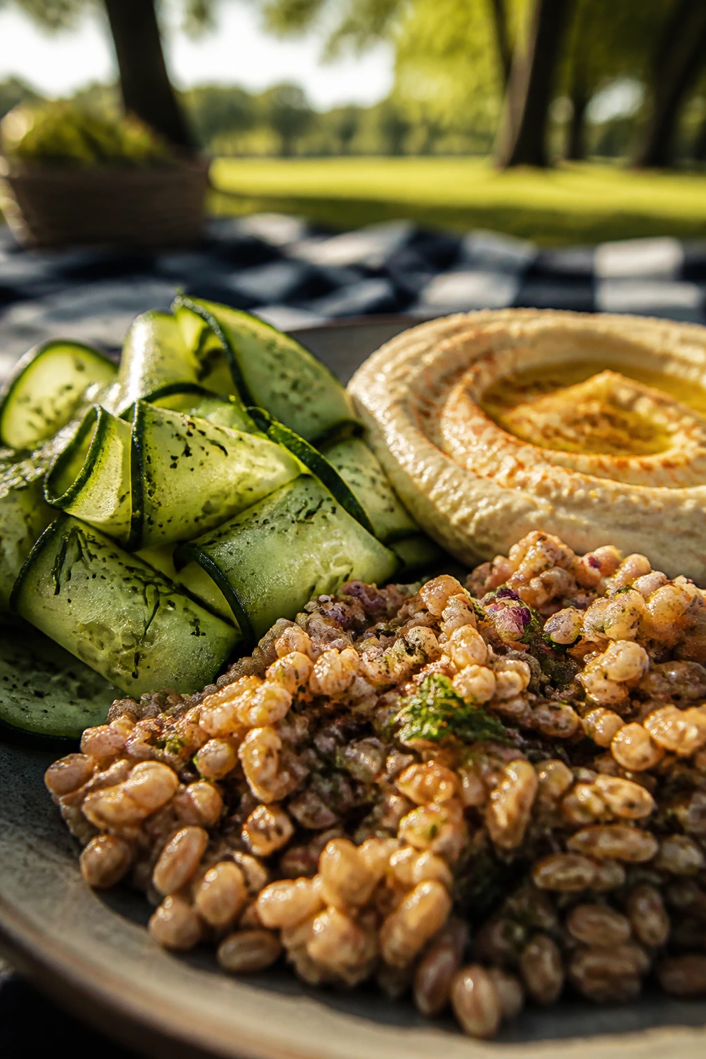 Close-up of crisp, creamy, and chewy textures on a picnic plate