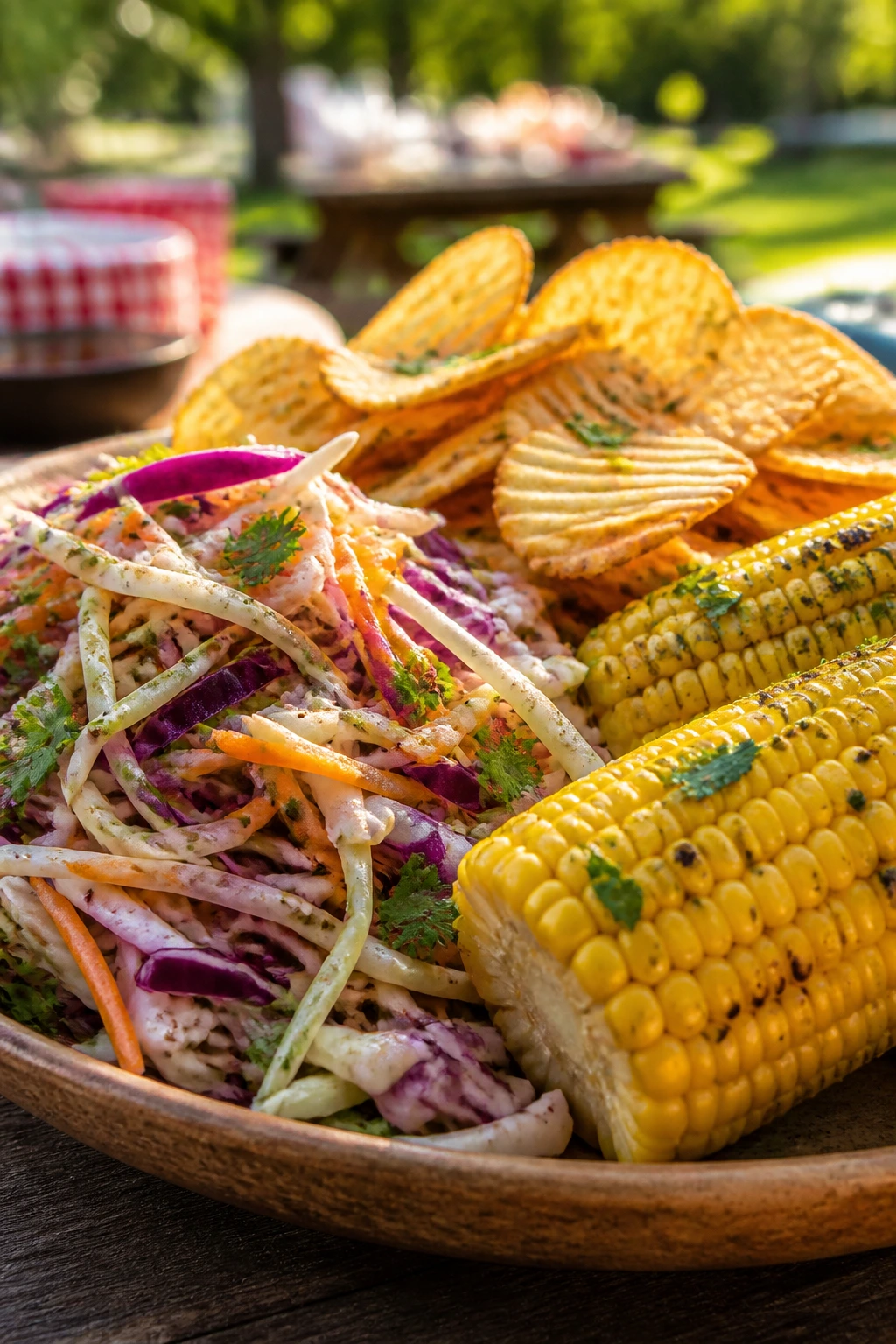 Close-up of crisp textured foods on a rustic plate at a sunny backyard table