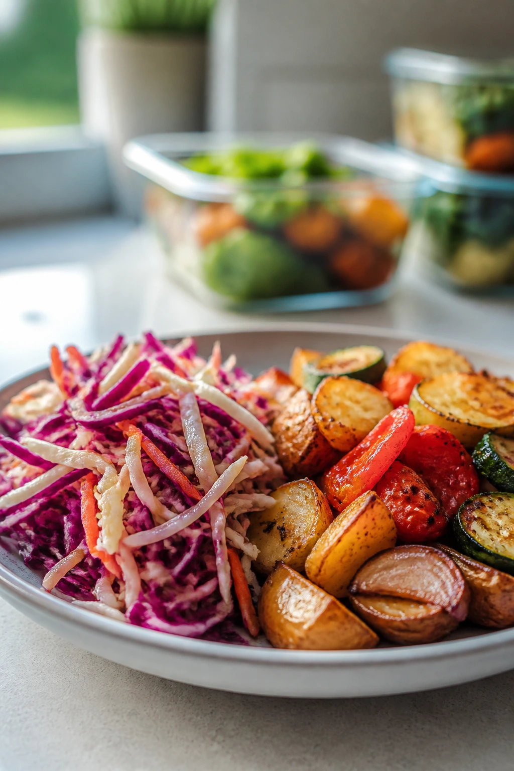 Close-up of textured food showing crisp slaw and roasted vegetables