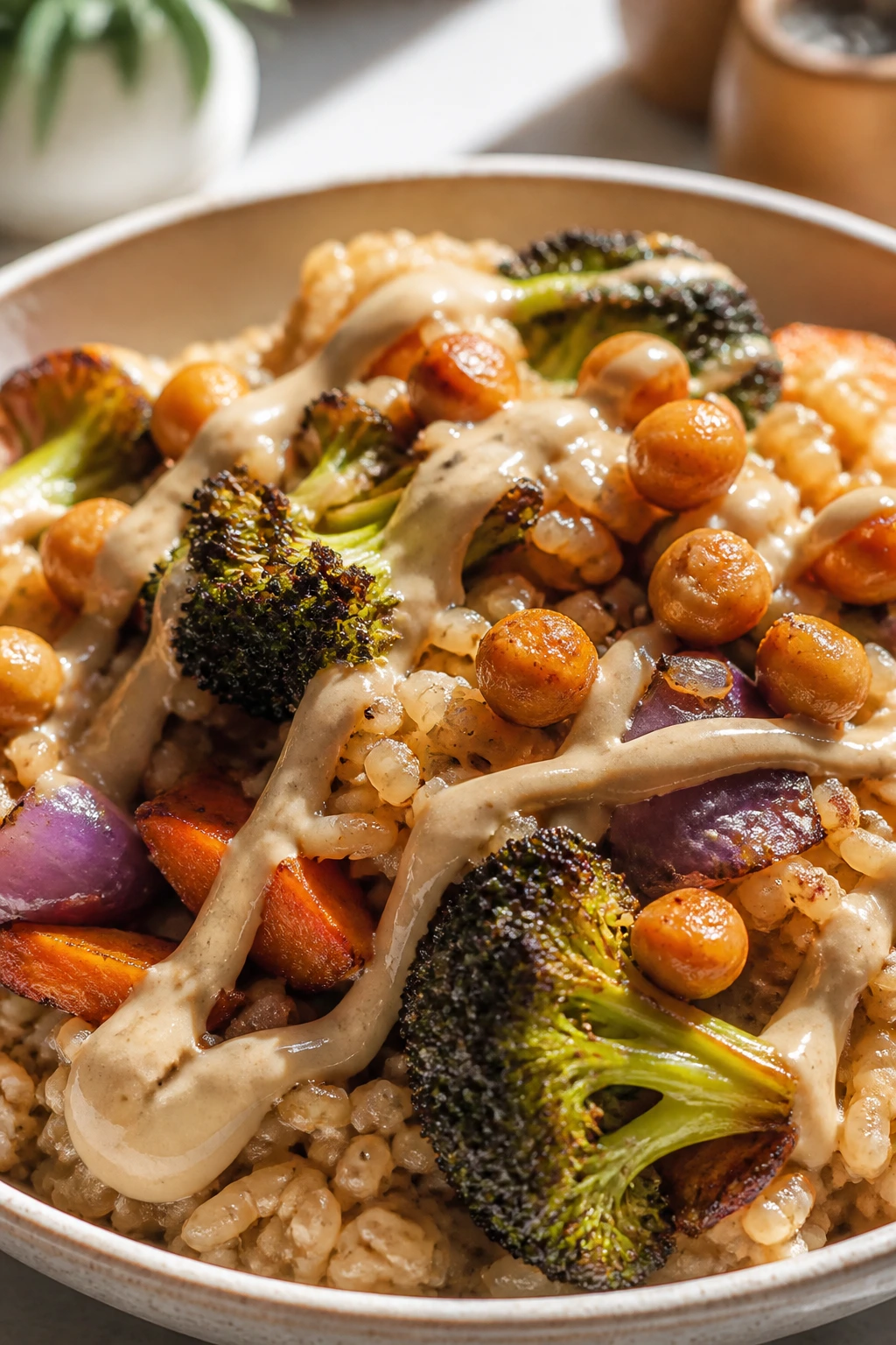 Macro close-up of roasted vegetables, rice, and tahini drizzle textures