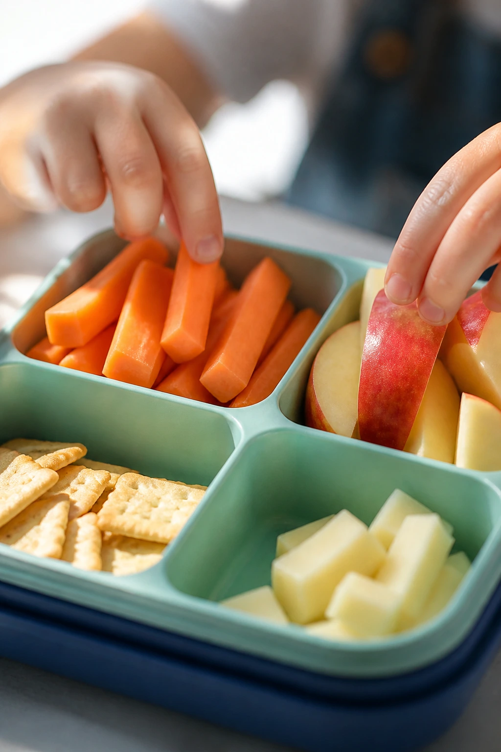 Child's hands selecting crisp carrots and apples from a divided lunch tray.