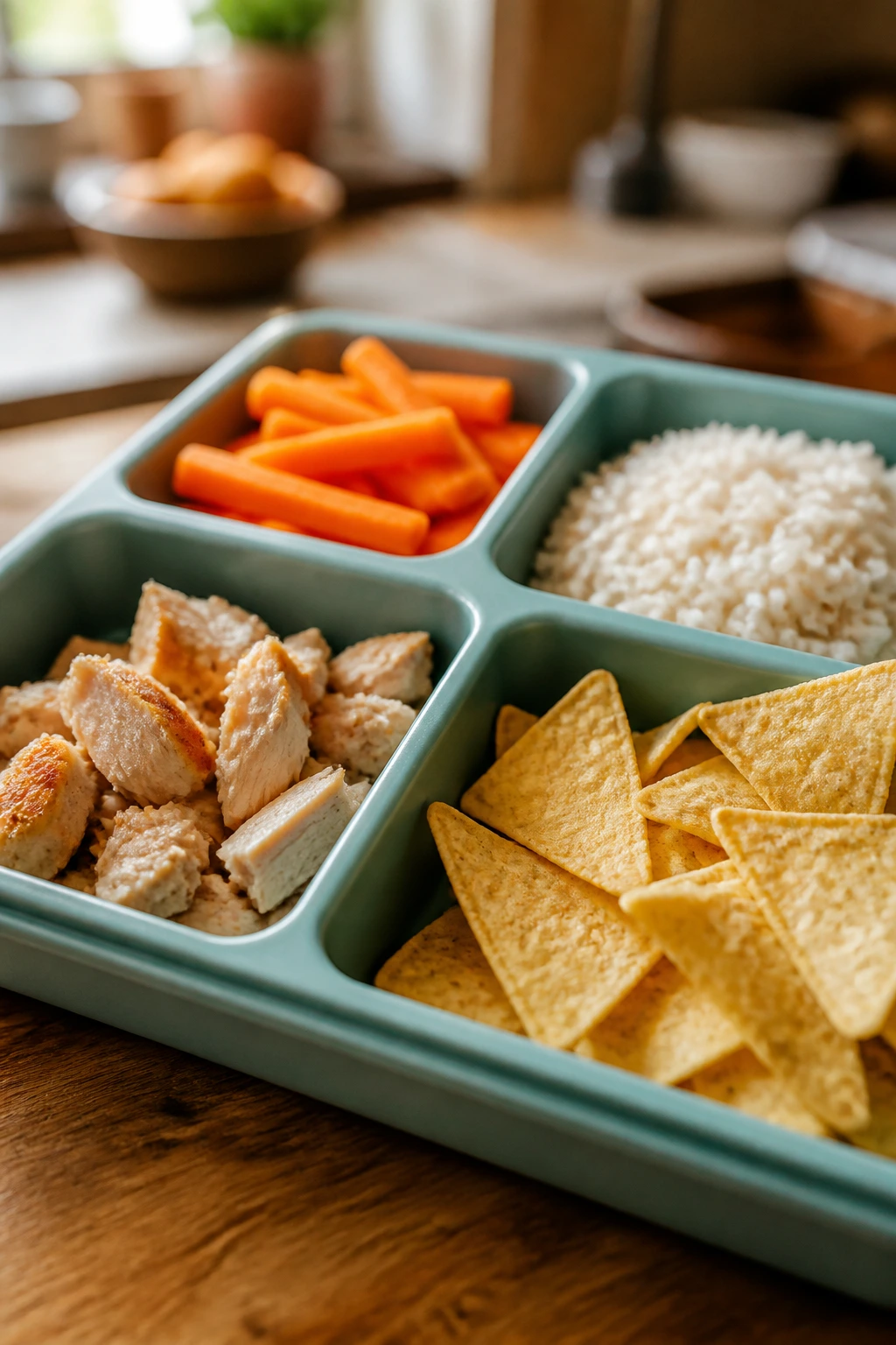Close-up of a lunch plate showing crisp carrot, soft rice, and crunchy tortilla chips