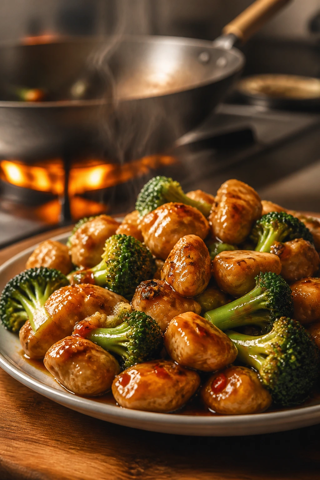Close-up of crisp-edged chicken and broccoli with glossy sauce