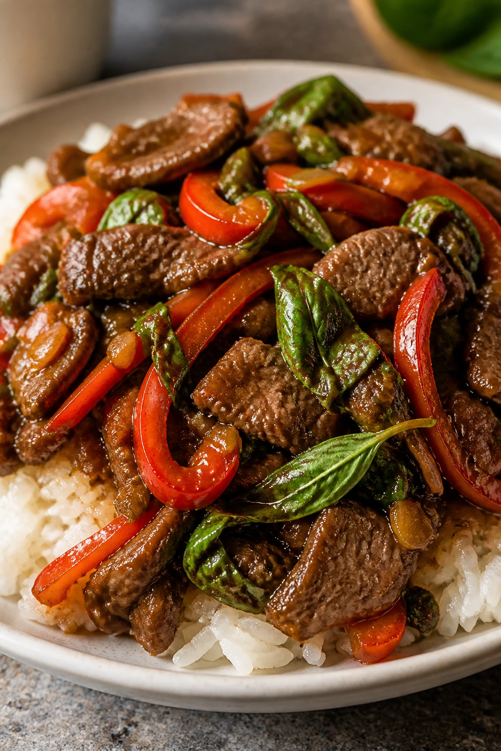 Thai basil beef with rice and fresh basil on a plate