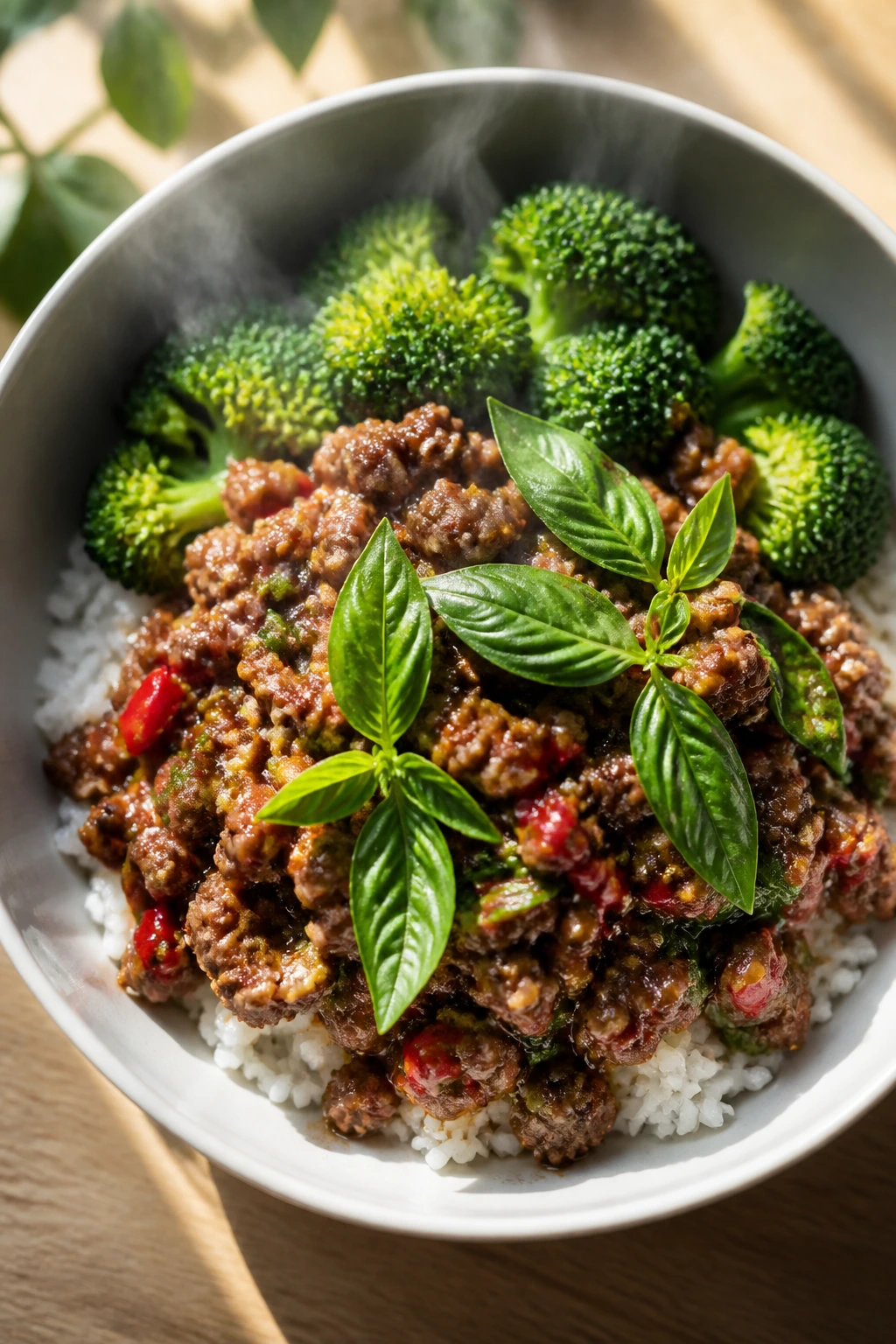 Close-up of Thai Basil Beef Bowl over rice with broccoli and basil