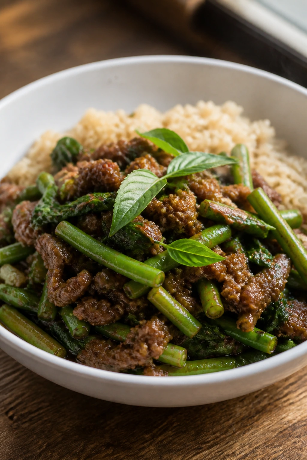 Close-up of Thai Basil Beef with Green Beans and Brown Rice in a bowl