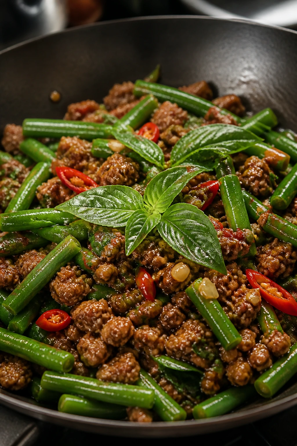 Beef with green beans and Thai basil in glossy sauce