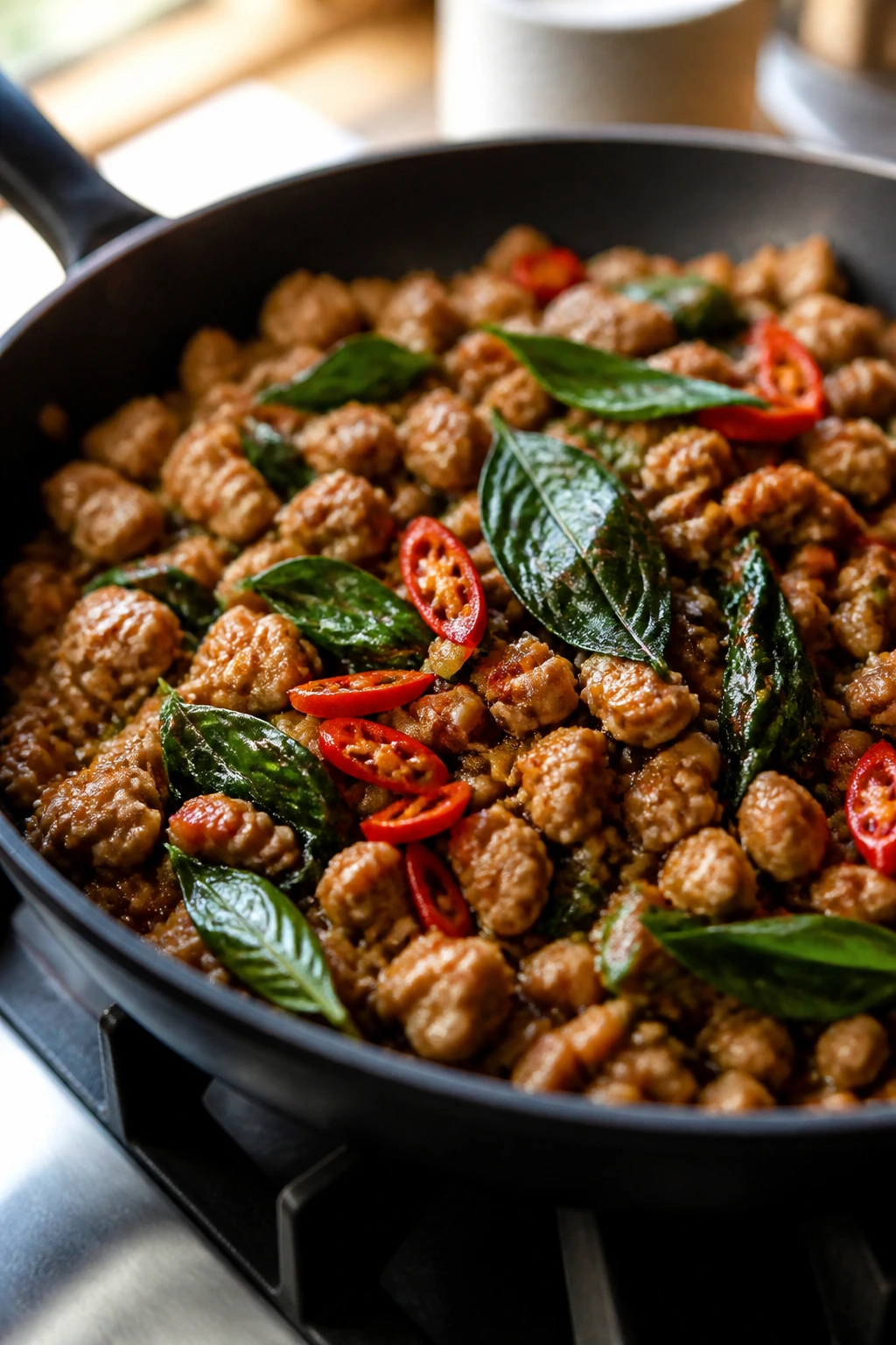 Close-up of Thai Basil Chicken in a pan with garlic and chilies
