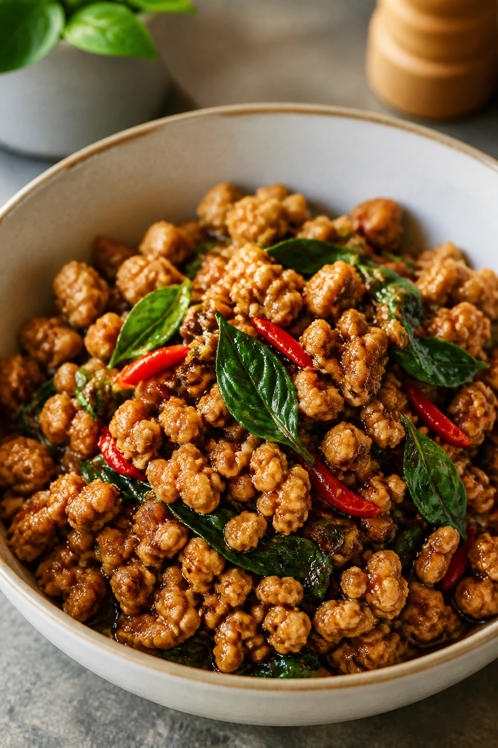 Thai basil chicken in a bowl with fresh basil leaves